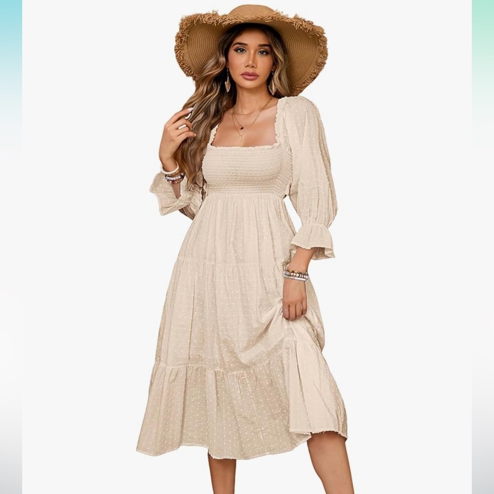 NWT Women's Summer Cotton Plaid Puff Sleeves Bow Off-Shoulder Boho Midi Dress - Picture 2 of 12